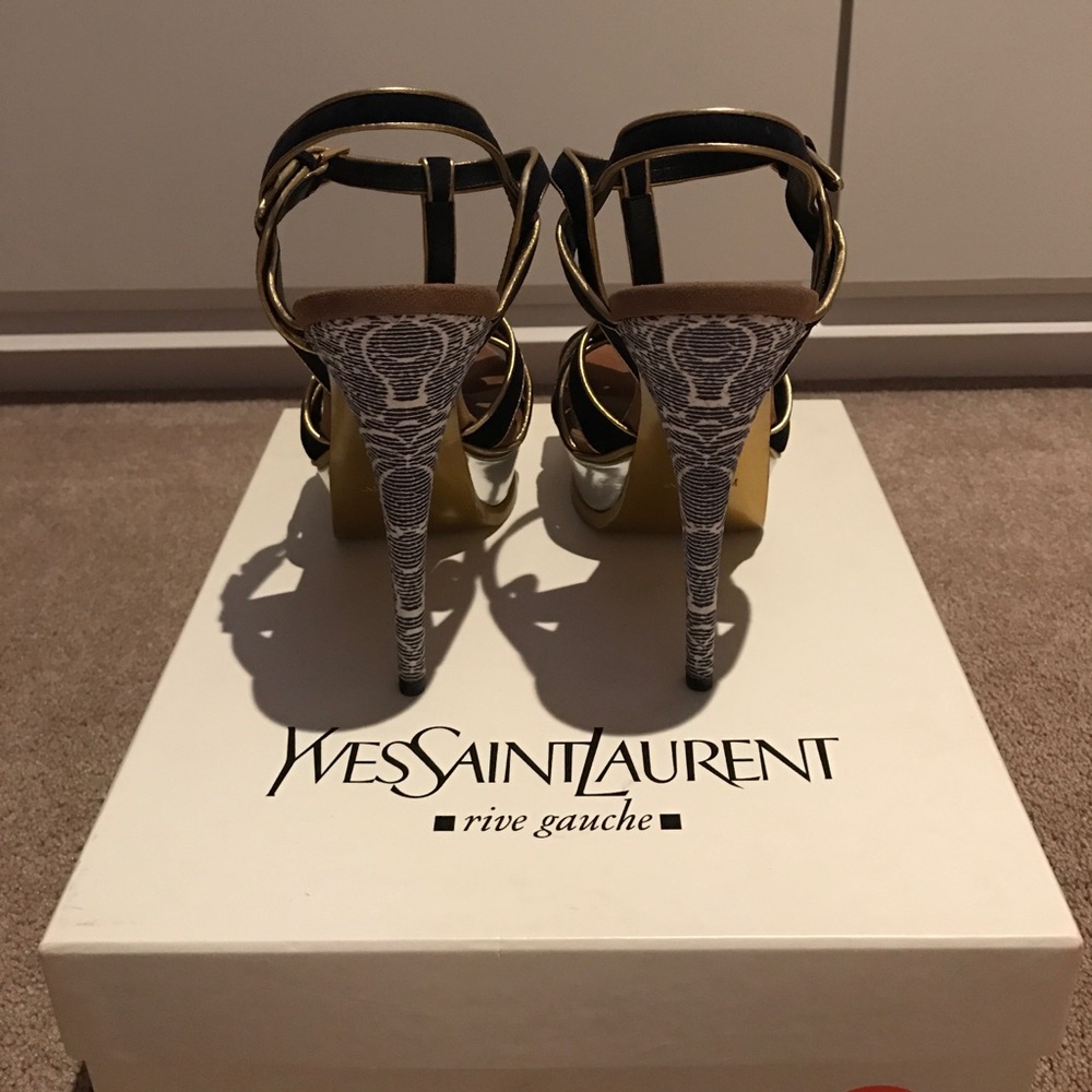 Saint Laurent Black and Gold Knotted T-Strap Stiletto Sandals - Picture 2 of 8